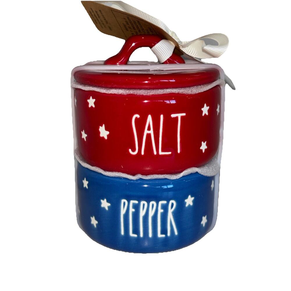 Rae Dunn Salt & Pepper Containers w Lid Blue & Red Patriotic 250th America NEW